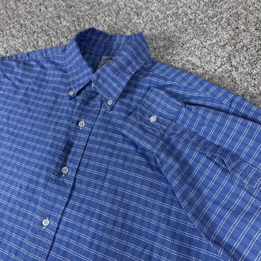 Brooks Brothers Shirt Mens 16.5 32 Blue Plaid Regent Made in USA Button Oxford